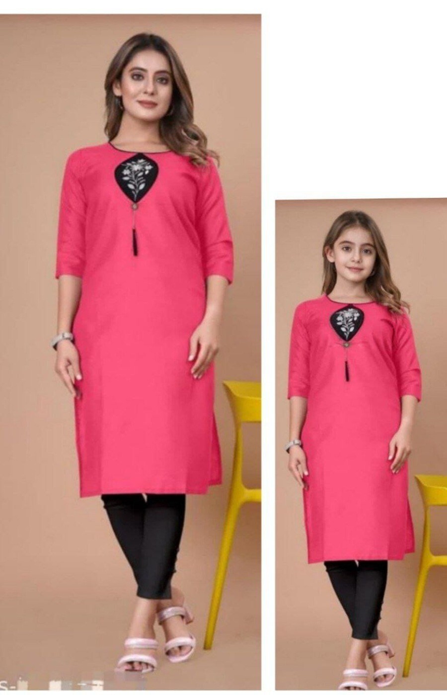 INDIAN COTTON BLEND EMBROIDREY SEQUENCE WORK MOTHER DAUGHTER COMBO KURTI SET