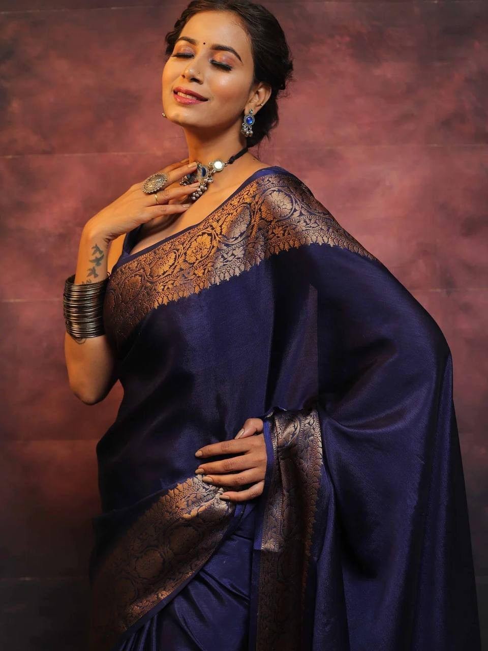 Indian Designer Soft Lichi Silk Saree with Jacquard Border and Rich Pallu Work