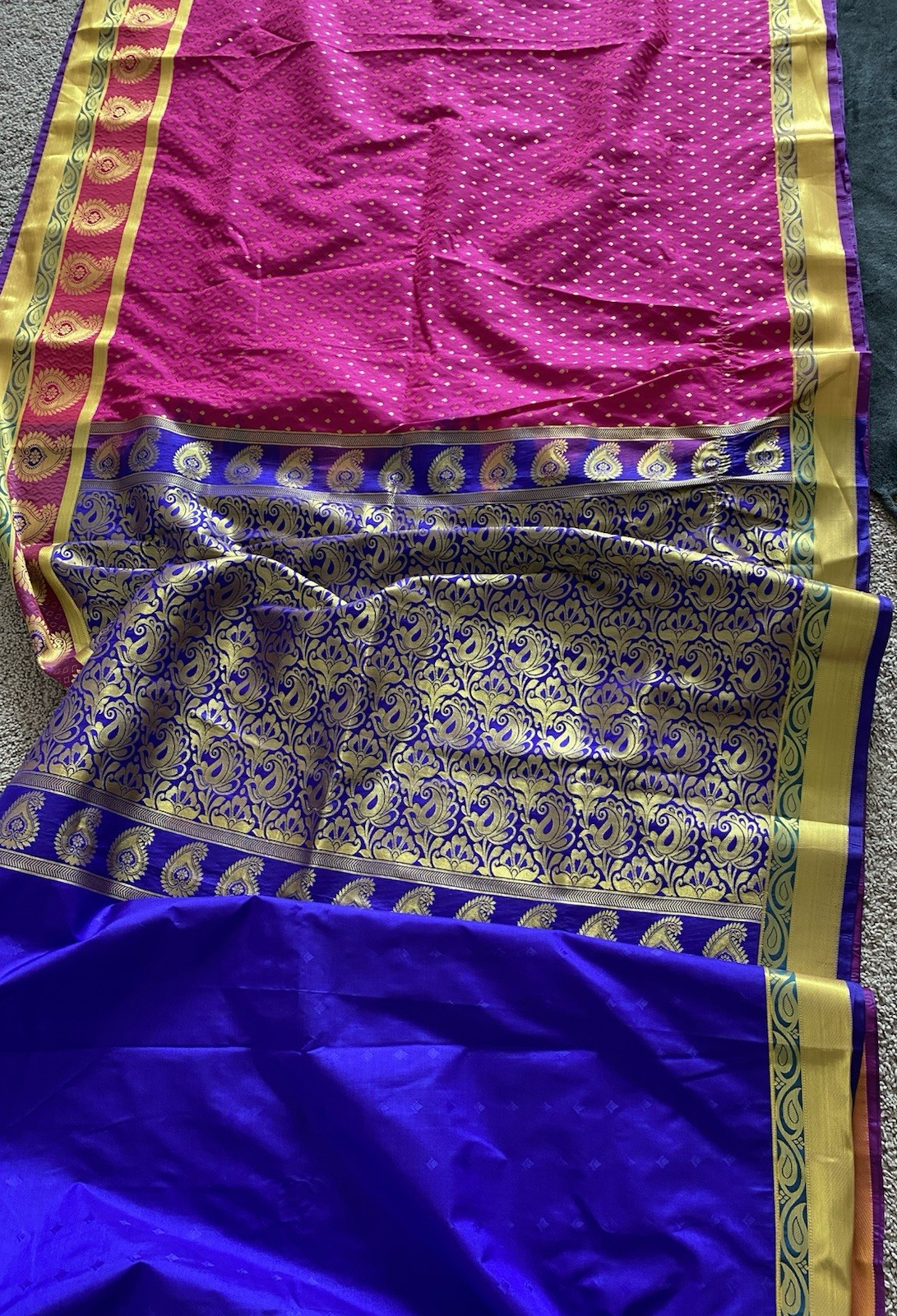 Indian Saree Fuchsia Royal Blue Gold Brocade Pattern Traditional Wear 252×44.5”