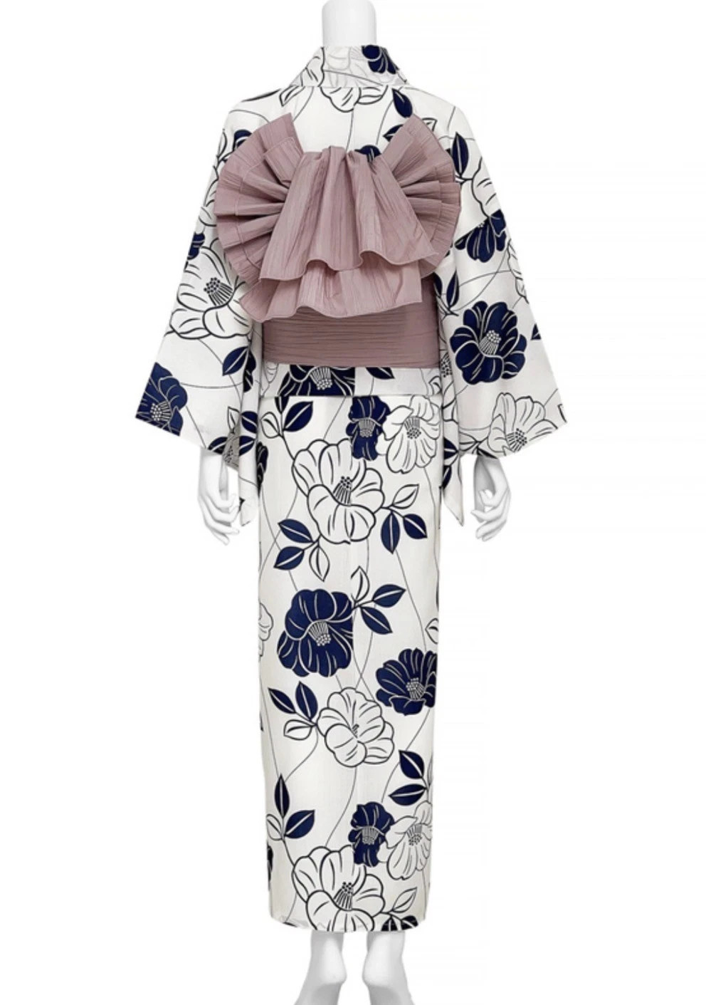 Japanese Yukata Set Women Polyester Kimono Summer White Navy Floral Obi Belt