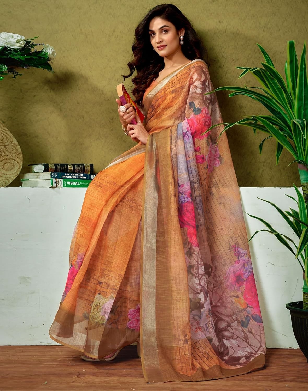 Women’s Cotton Linen Printed 1 Minute Ready to Wear Saree With Unstitched Blouse