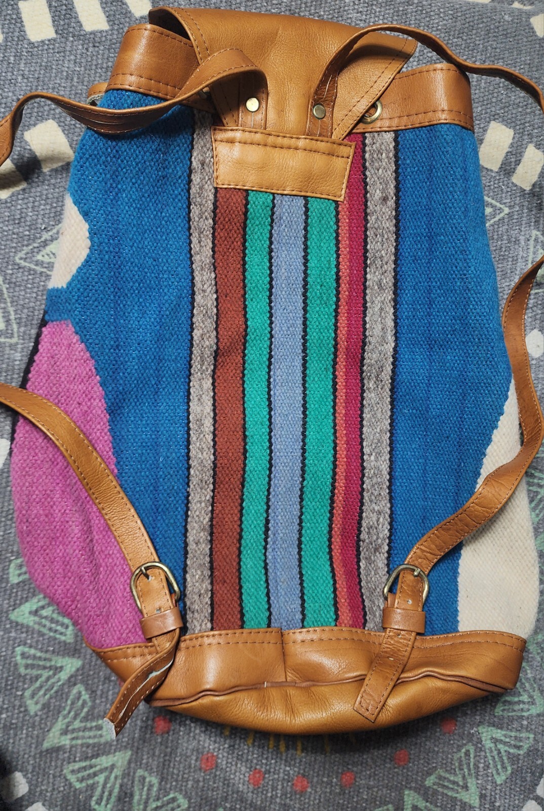 Original Peruvian Woven Wool & Leather Backpack. Three Amigos, adjustable straps