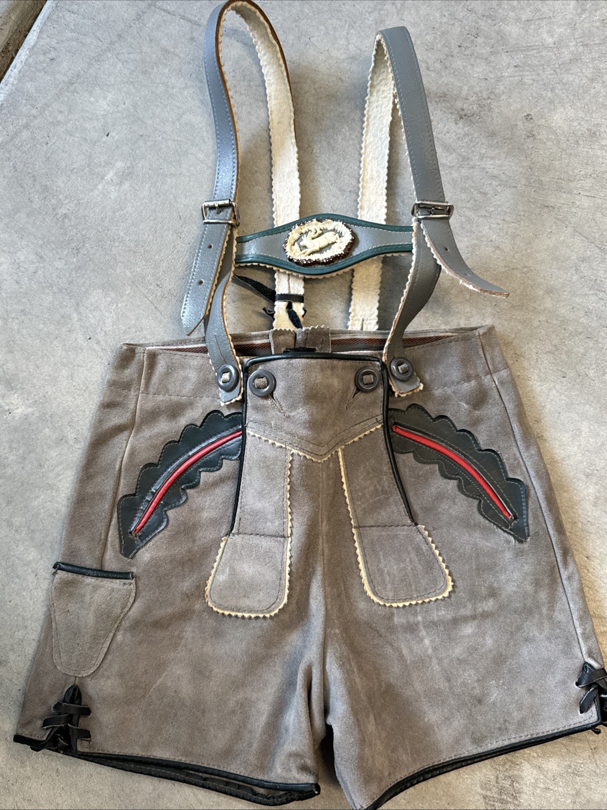 Vtg Suede German Children’s Gray Lederhosen Shorts Bib Octoberfest