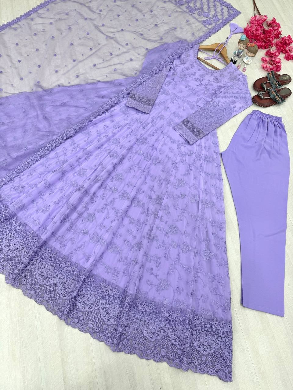 New Beautiful Lavender Faux Georgette Gown Bottom With Dupatta For Festive