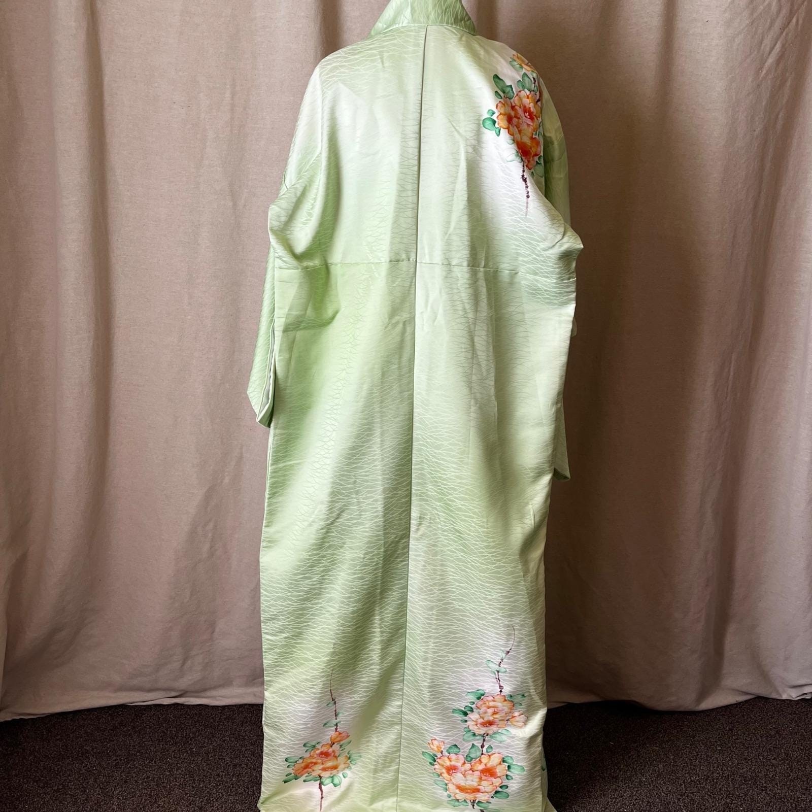 Hand Painted Silk Kimono Mint Green Peony Uchikake Long 63″ OS