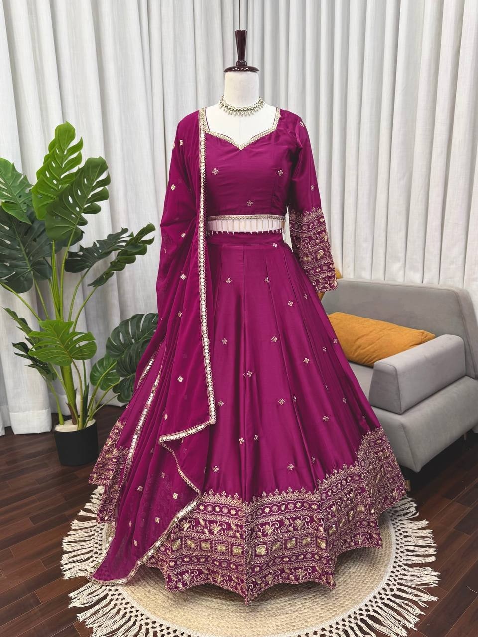 Latest Japan Satin Wine Lehenga Choli With Dupatta For Reception Wear
