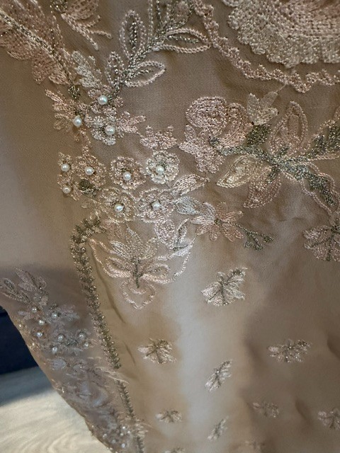 PAKISTANI 3 PC PANT SUIT BEIGE WITH EMBRIDERY AND PEARLS