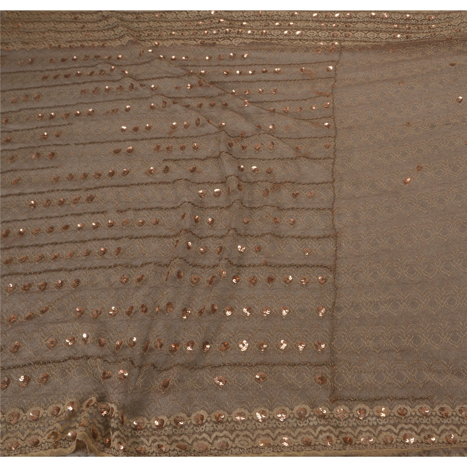 Sanskriti Vintage Brown Saree Net Mesh Hand Beaded 5Yd Sari Craft Fabric Premium