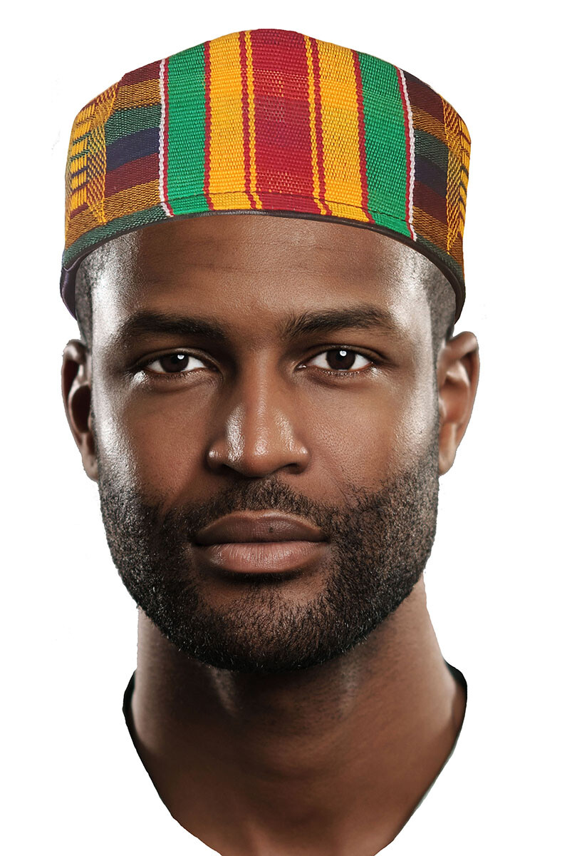 African Hand Woven Kente Kufi Hat with Faux Leather