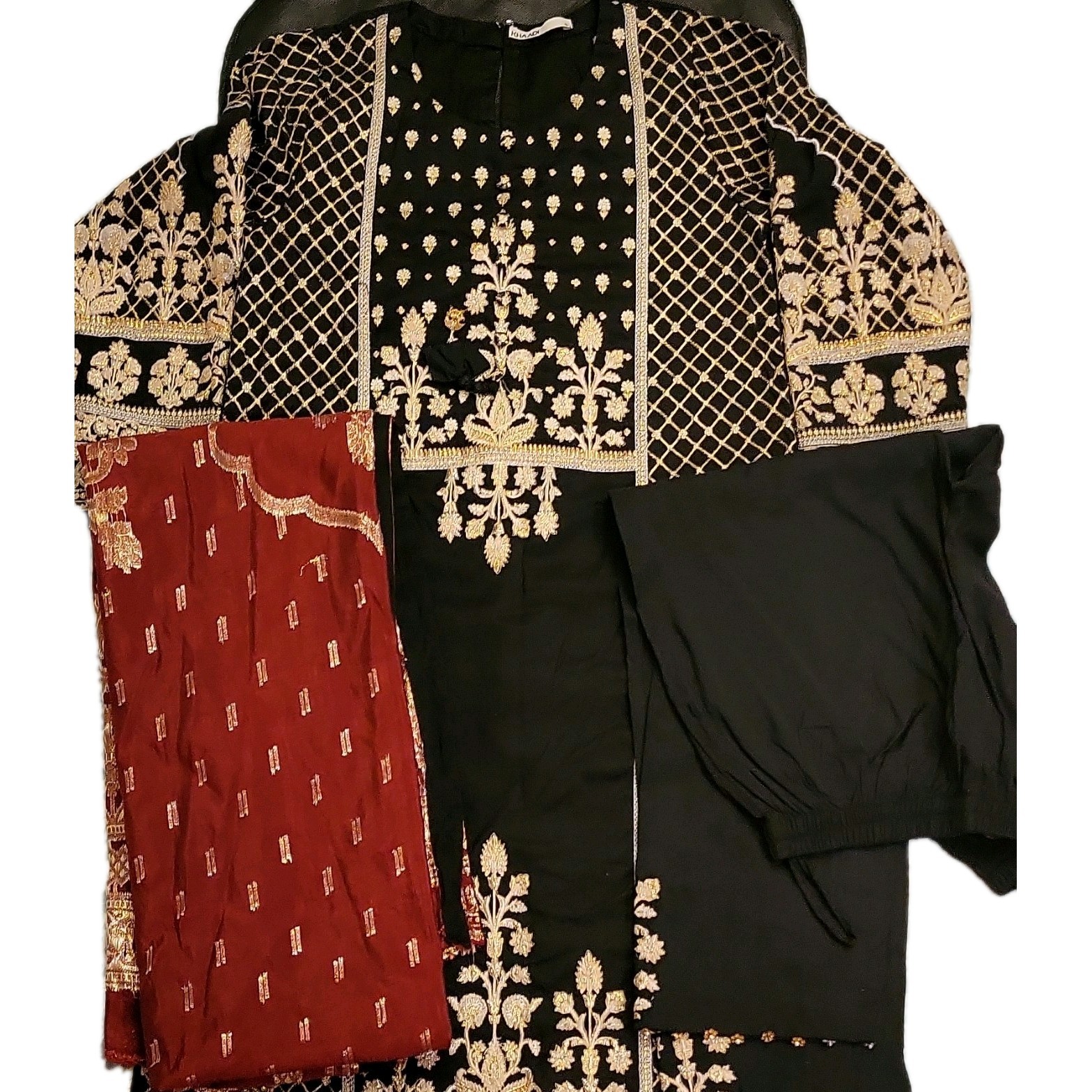 Khaadi Pakistani Shalwar, Kameez, Dupatta. Black Red Gold Embroidered Size 12