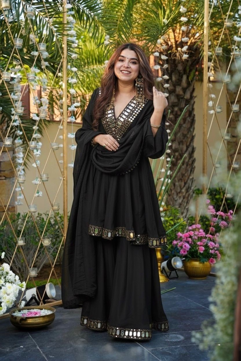 FESTIVAL SPECIAL REAL MIRROR WORK ON SILK FABRIC TOP AND PLAZZO WITH DUPATTA SET