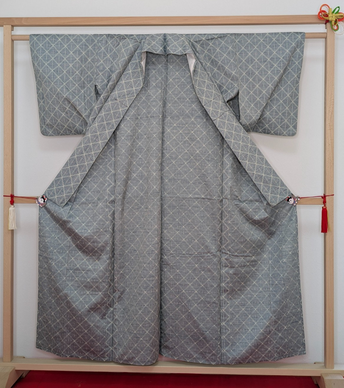 Vintage Japanese Kimono Silk Hitoe Gray White Geometric Pattern Unlined Tsumugi