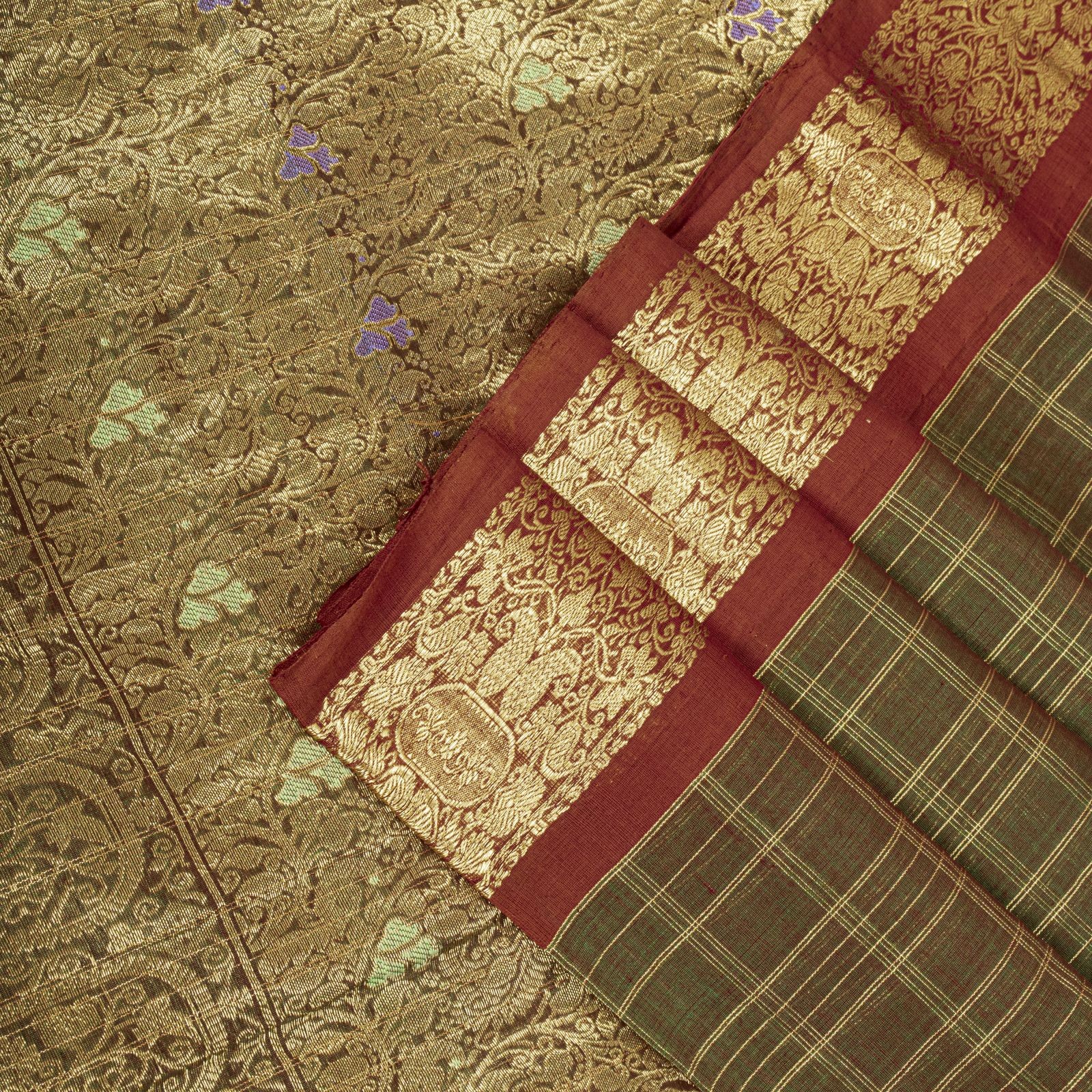 Sanskriti Vintage Saree Green Cotton Silk Brocade Zari Hand Woven Fabric 5Ydsari