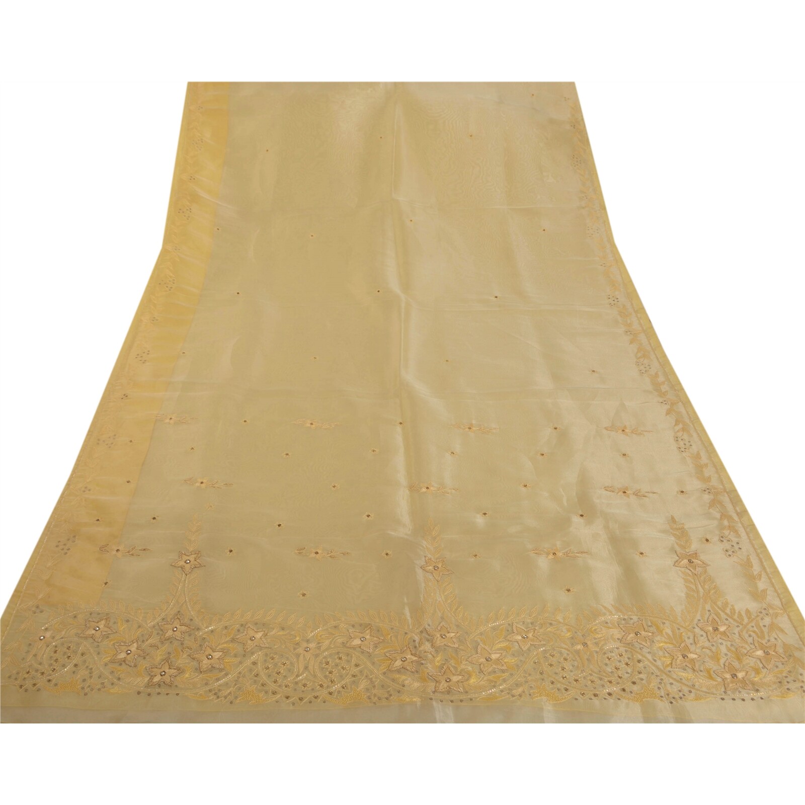 Sanskriti Vintage Cream Sarees Art Silk Hand Beaded Craft Fabric Premium Sari