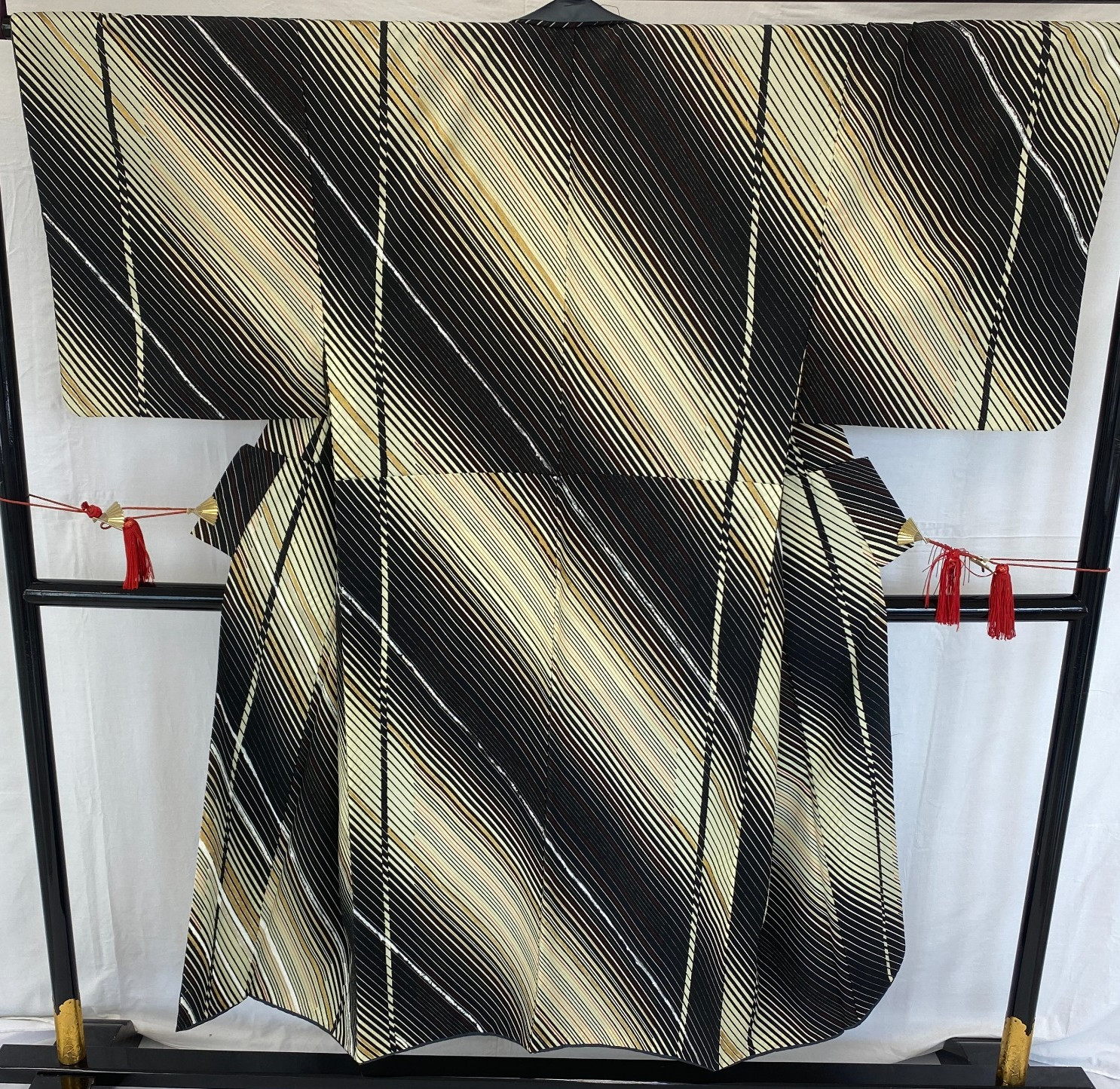 Japanese Vintage Kimono Silk Black Stripes Traditional Authentic Length 56in