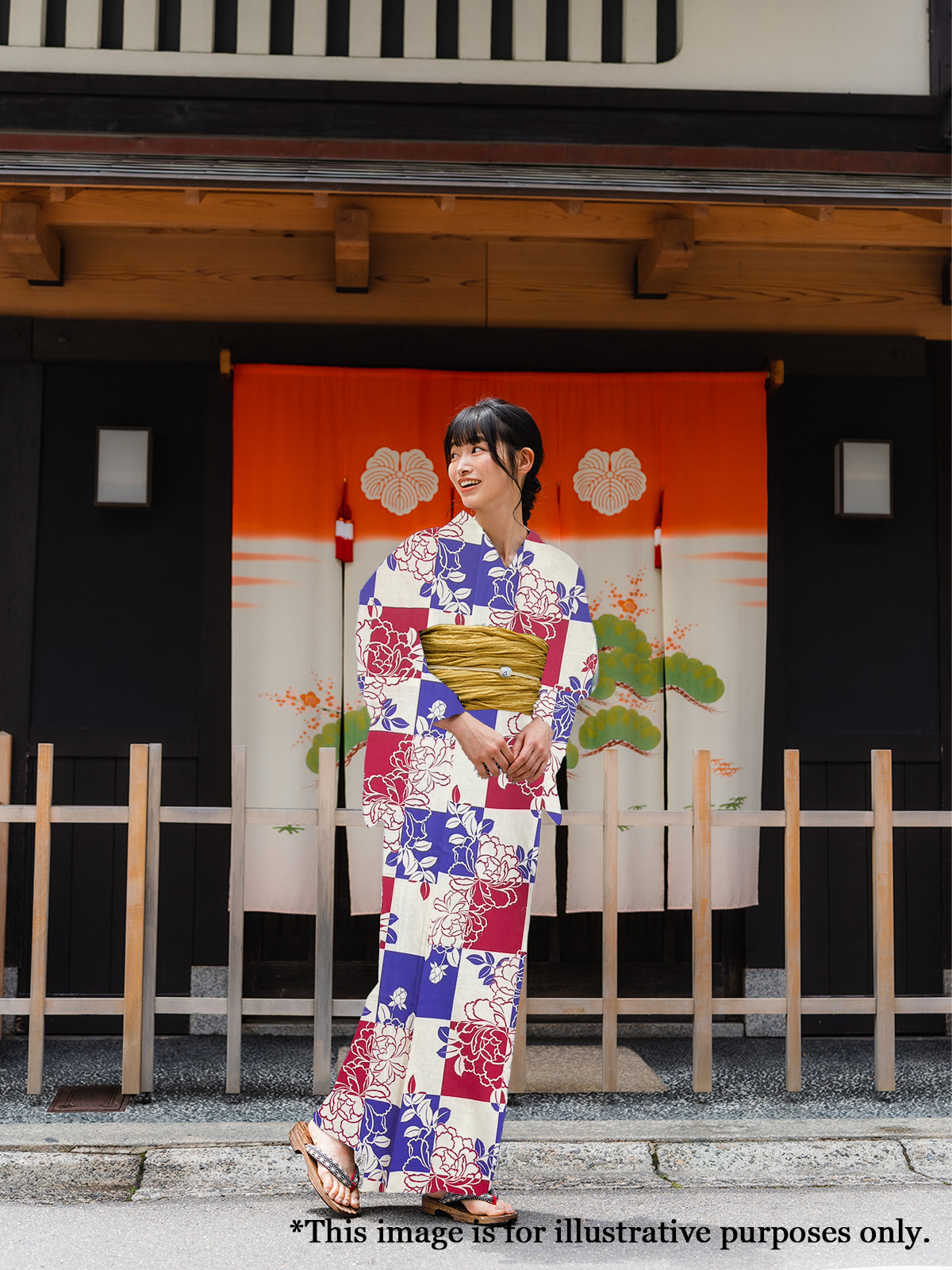 Women’s Cotton Yukata, Casual Summer Kimono – Blue & Red, Peony