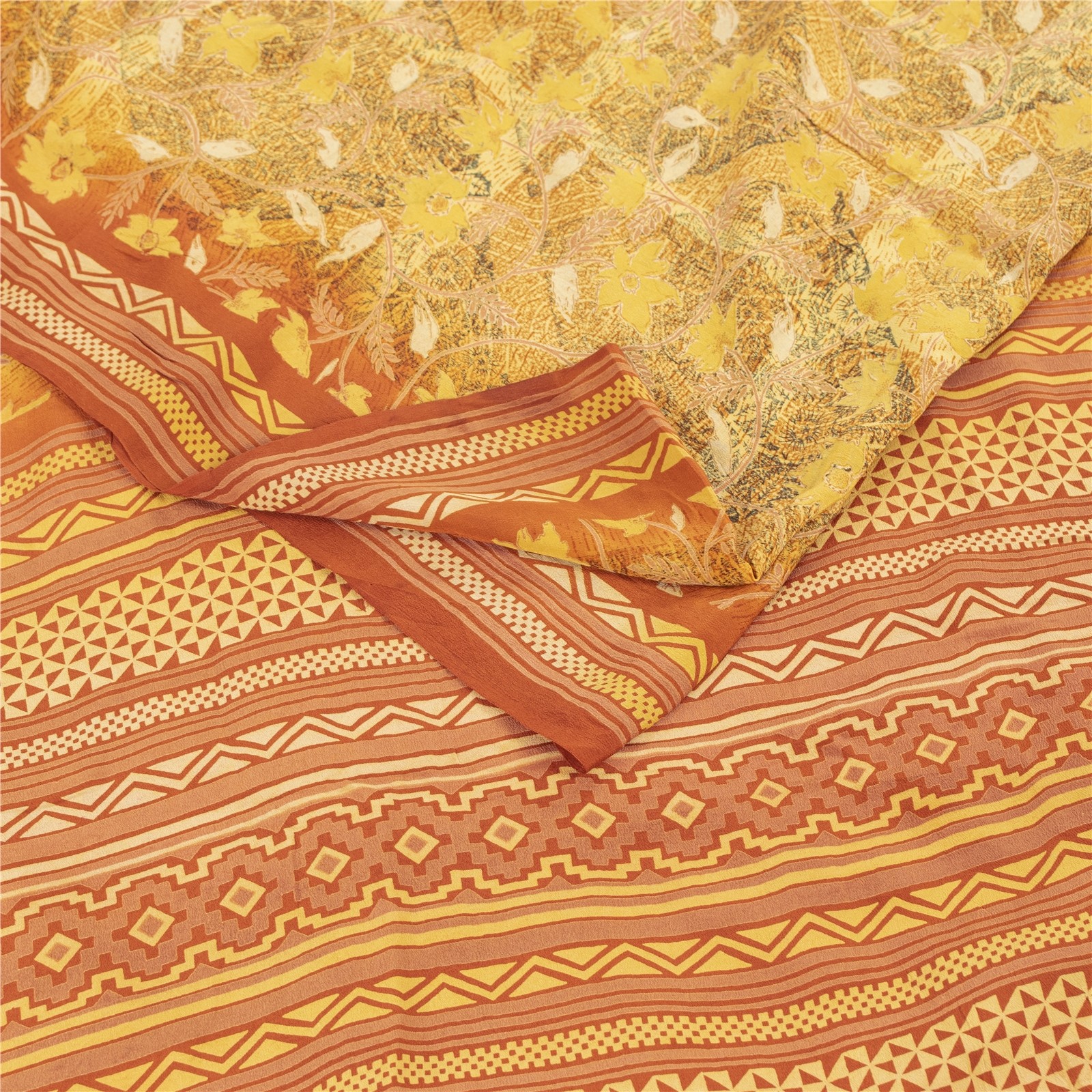 Sanskriti Vintage Saree Yellow Pure Crepe Silk Floral Printed Sari 5.5+Yd Fabric