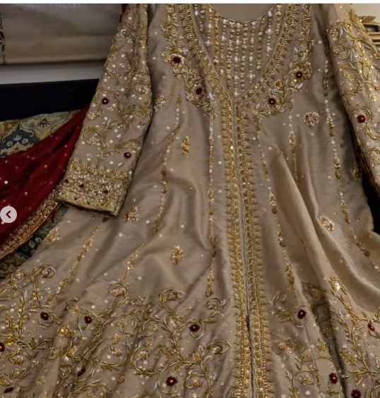 Elegant Handworked Kameez Set with Lace Border Dupatta in Deep Maroon & Beige