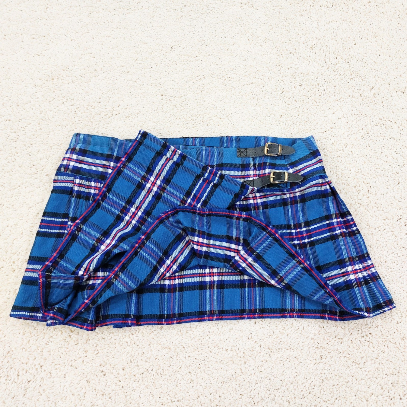 PD Kilts Wool Blend Kilt Sz 42, Blue Plaid, Leather & Brass Belt, Mini Length