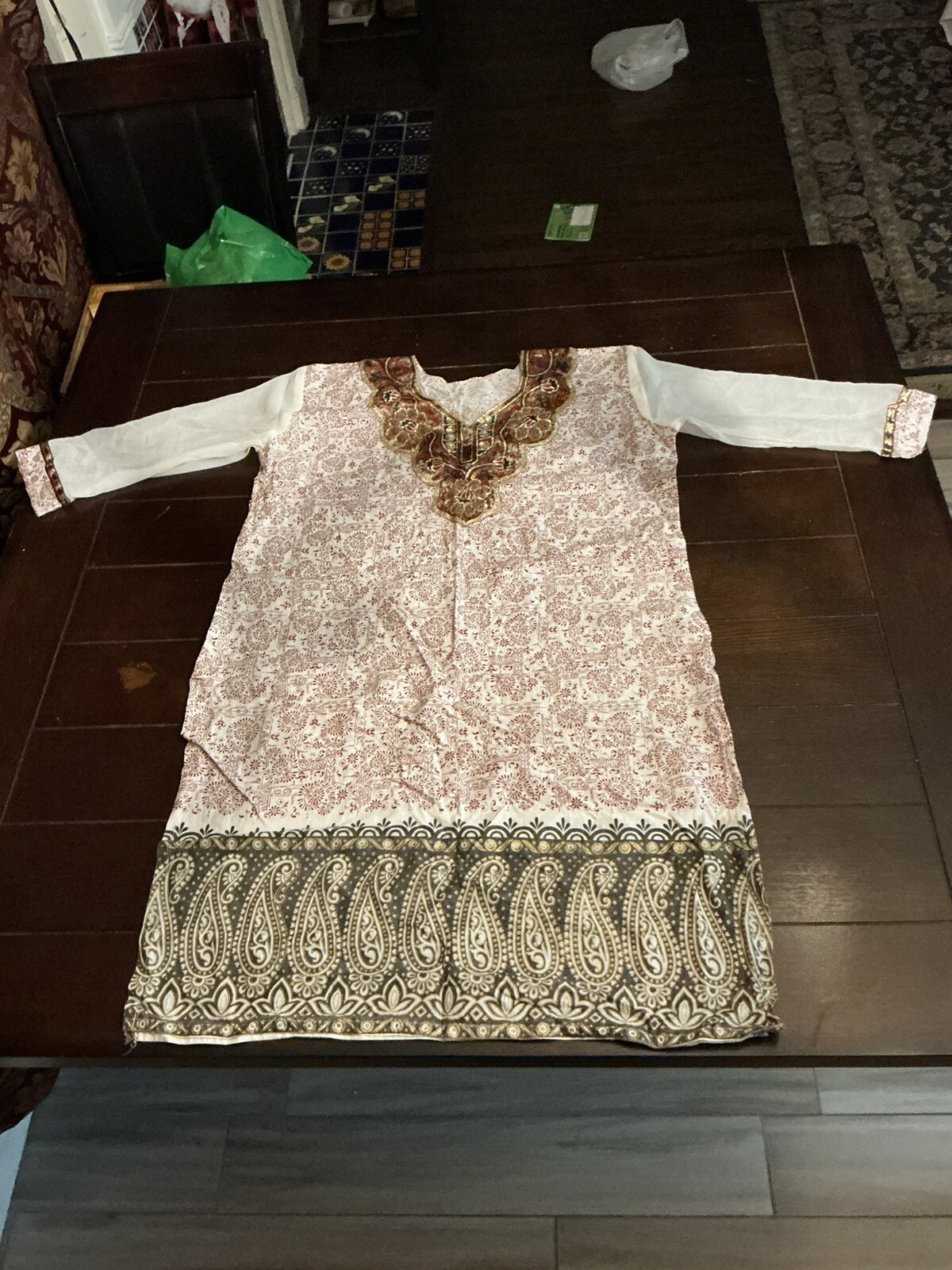 chiffon sleeve, sequined, paisley print cotton kurti, tunic, 37″ long, bust 46″,