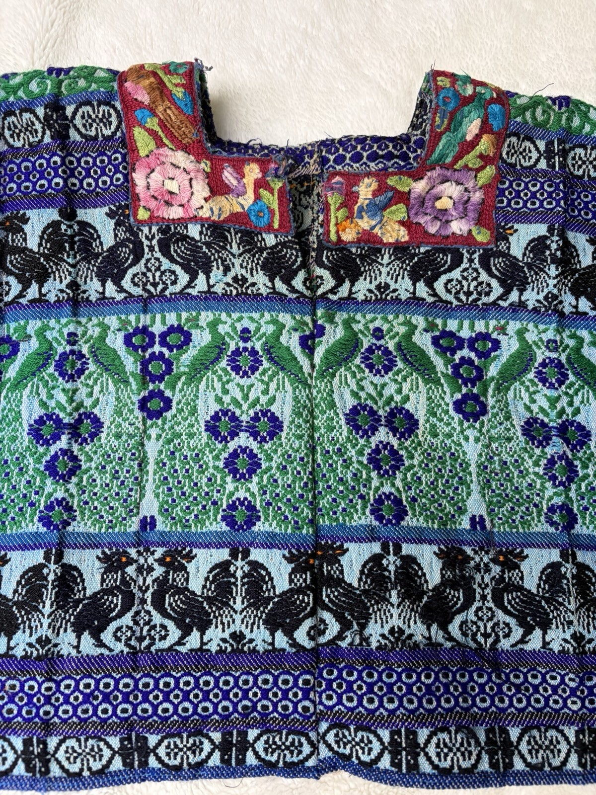 Vintage Handwoven Embroidered Huipil with Rosters, Peacocks and Floral Designs