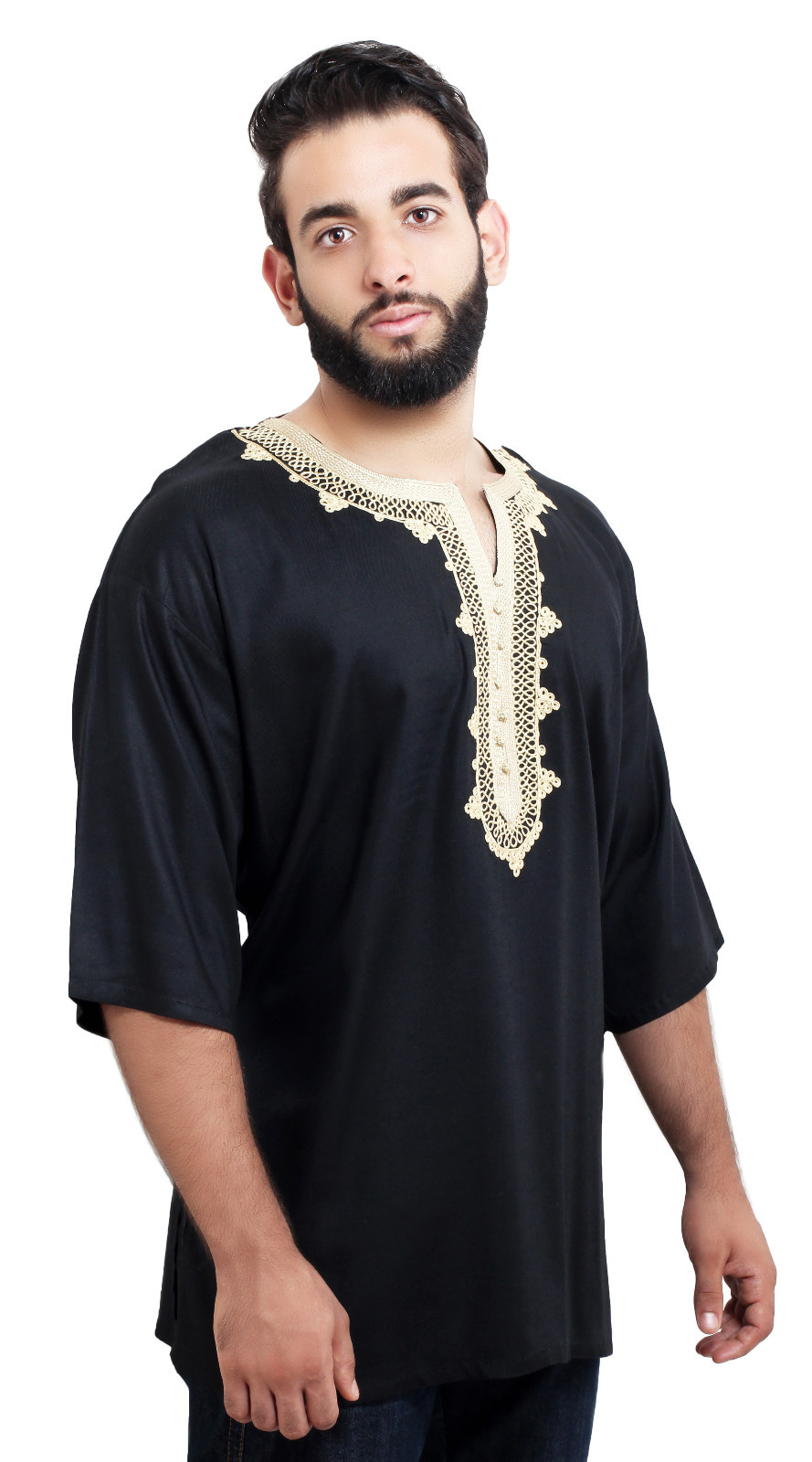 Moroccan Men Tunic Shirt Cafan Casual Handmade Embroidered Cotton Large Black