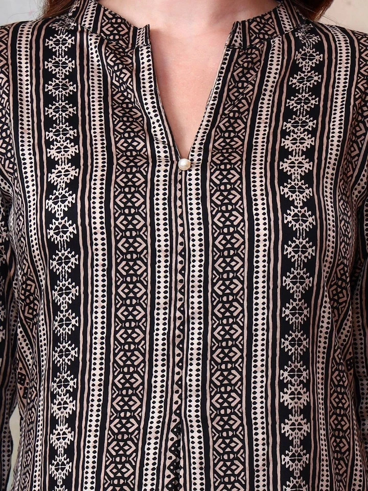 BEAUTIFUL Indian Women Black Cotton Geometric Printed Kurta with Trouser Set