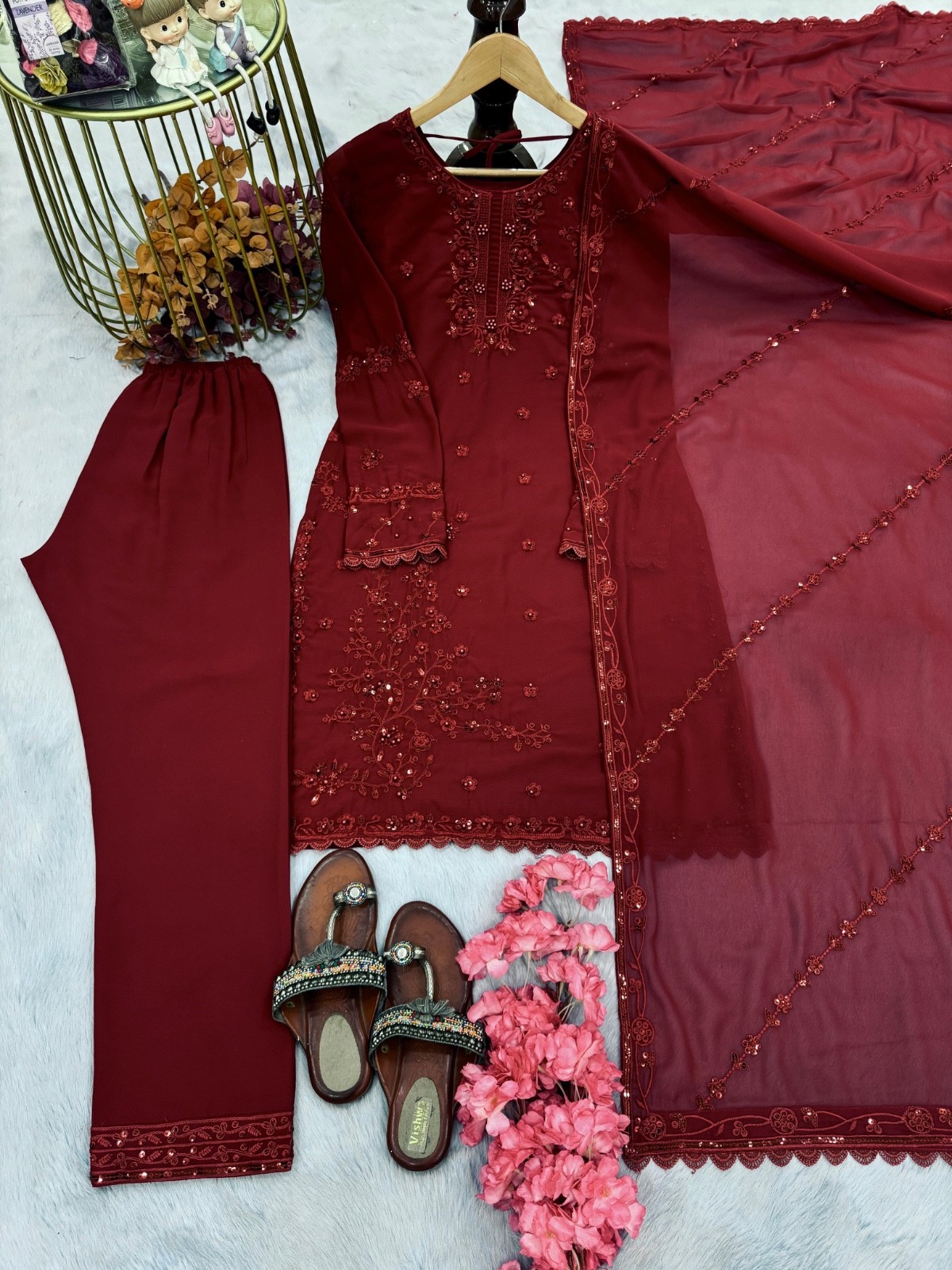 Sequin embroidered Pakistani salwar suit with dupatta set for party and festive