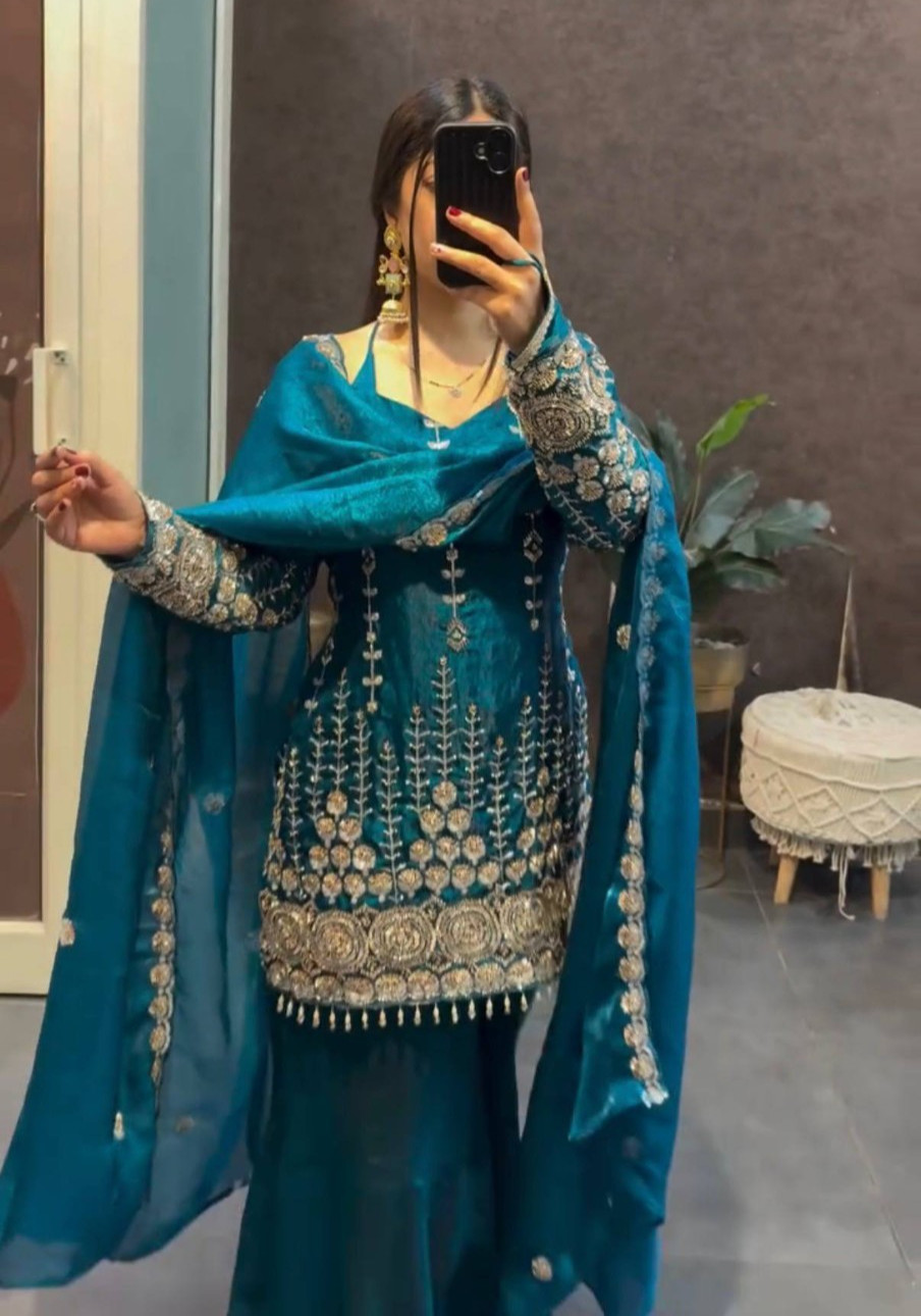 Teal Blue Fendy Satin Palazzo Suit Embroidered Cut Work Border Dupatta