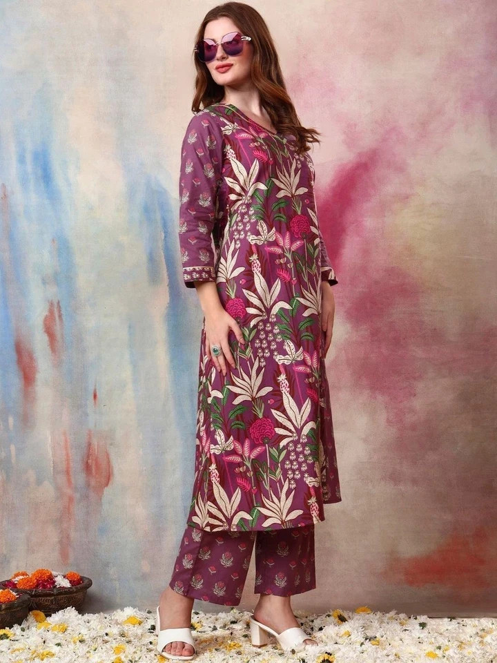 Purple Indian Women Pure Cotton Angrakha Style Printed Kurta with Palazzo Set