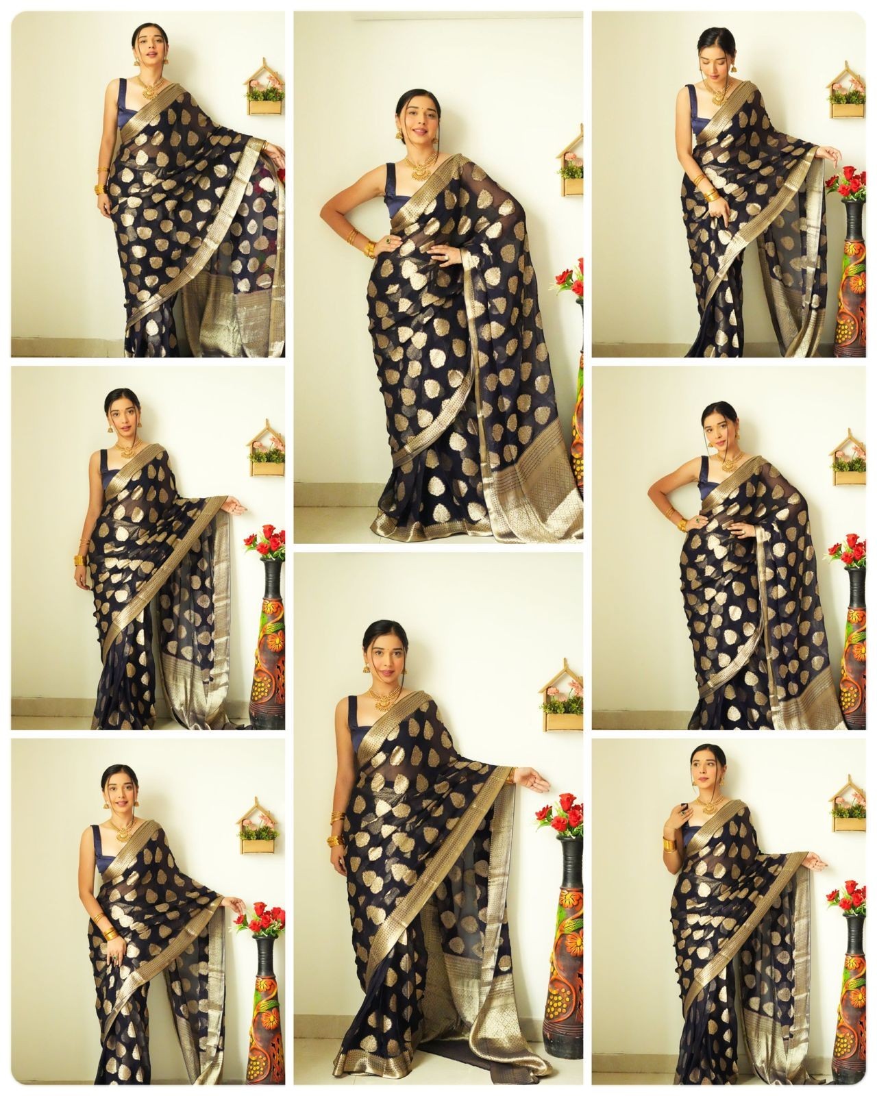 Ready to Wear Soft Linen Cotton Saree Golden Weaving Indian Designer Party Sari