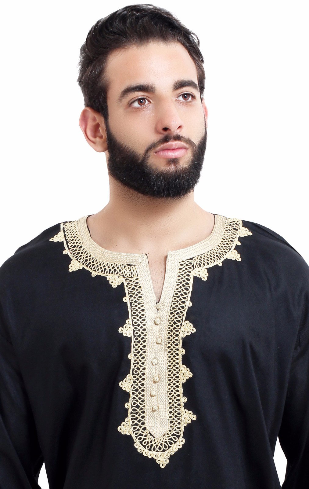 Moroccan Men Tunic Shirt Cafan Casual Handmade Embroidered Cotton Large Black