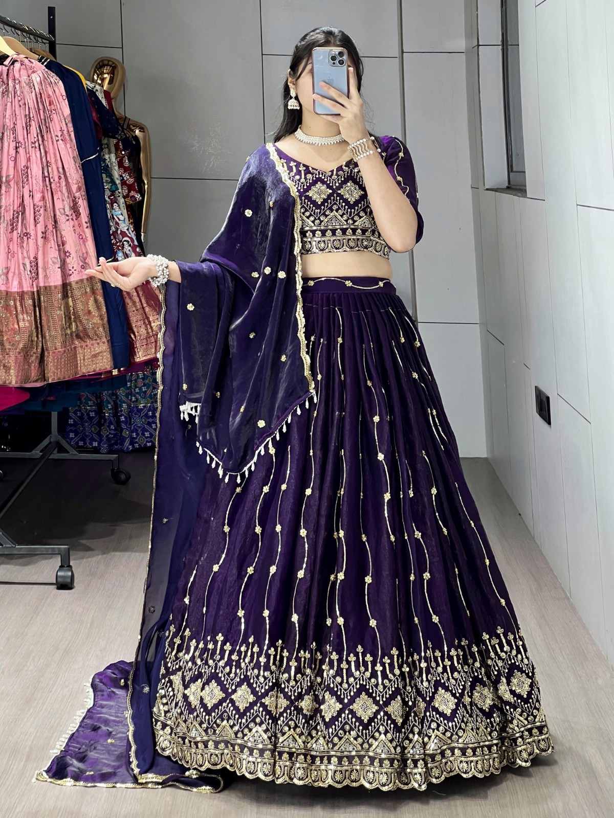 Designer Fendy Satin Lehenga Choli Set Beads Sequins Work Indian Ethnic Wear
