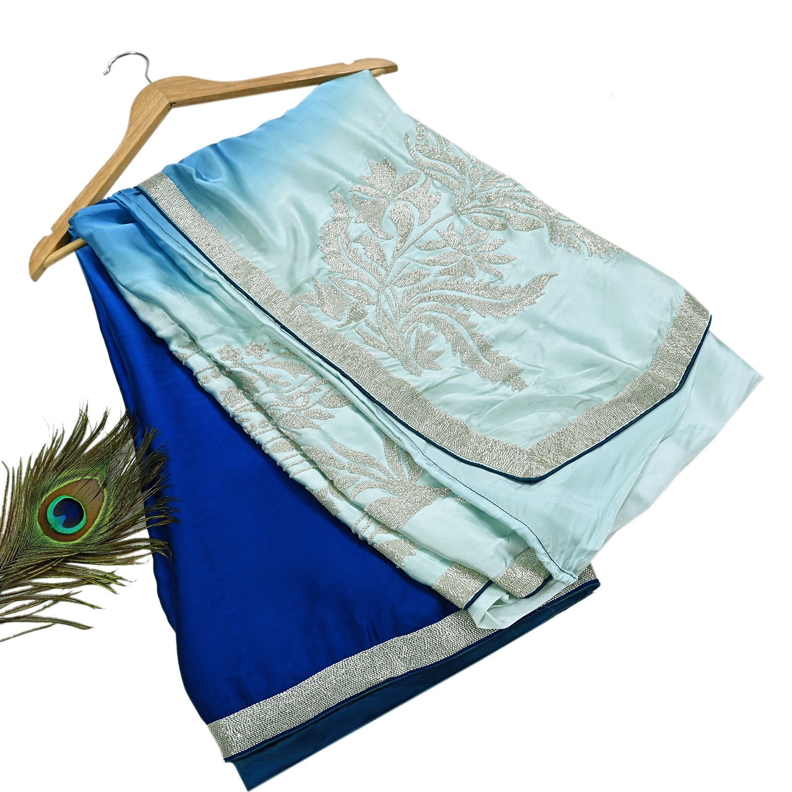 Rare Vintage Green & Blue Pure Satin Silk Saree Hand Embroidered Fabric 5.5 Yard