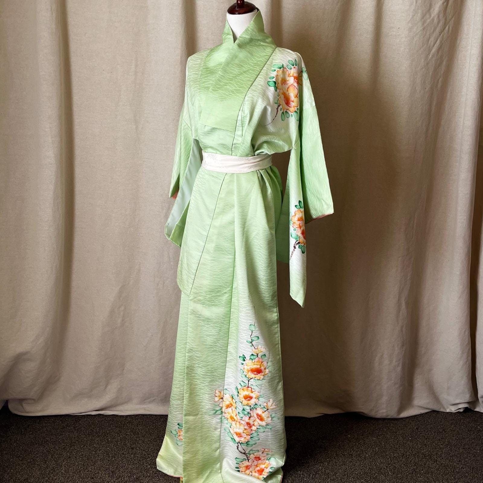Hand Painted Silk Kimono Mint Green Peony Uchikake Long 63″ OS