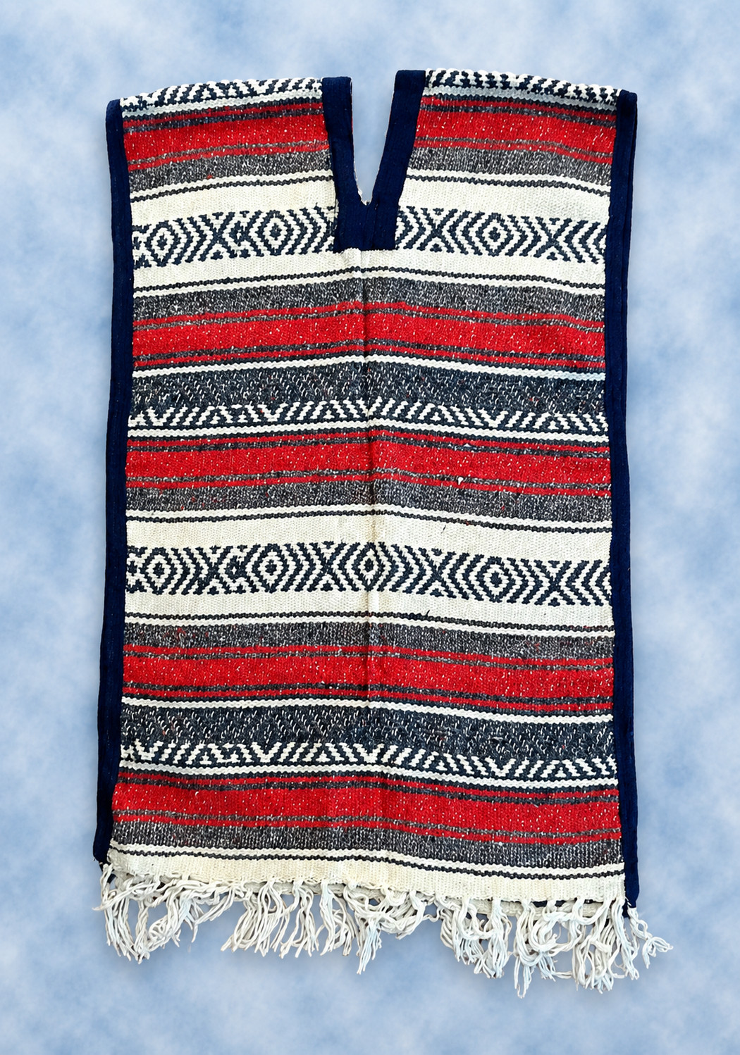 Vintage Mexican Serape Poncho Adult Open Sides Woven Fringe Made in Mexico