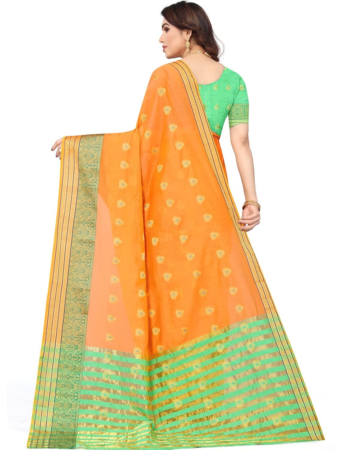 Women’s Jacquard Cotton Blend Golden Zari Woven Saree with Running Boluse Piece