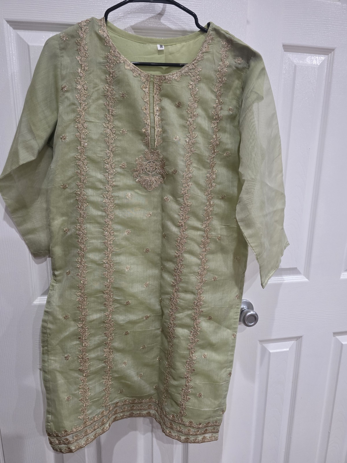 Sage Green Organza Kurti Embroidered Pakistani Indian Tunic Top Size M Festive