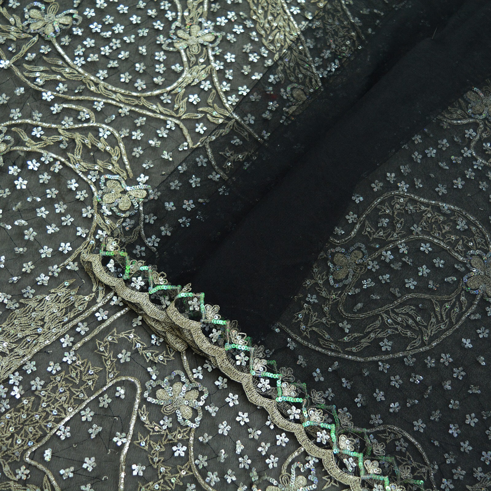 Indian Vintage Black Sarees Net/Mesh Hand Embroidered Sari Fabric 5Yd Ethnic