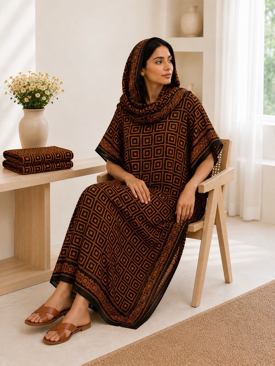 Long silky satin slip Kaftan Dress with scarf Boat Neck One Size