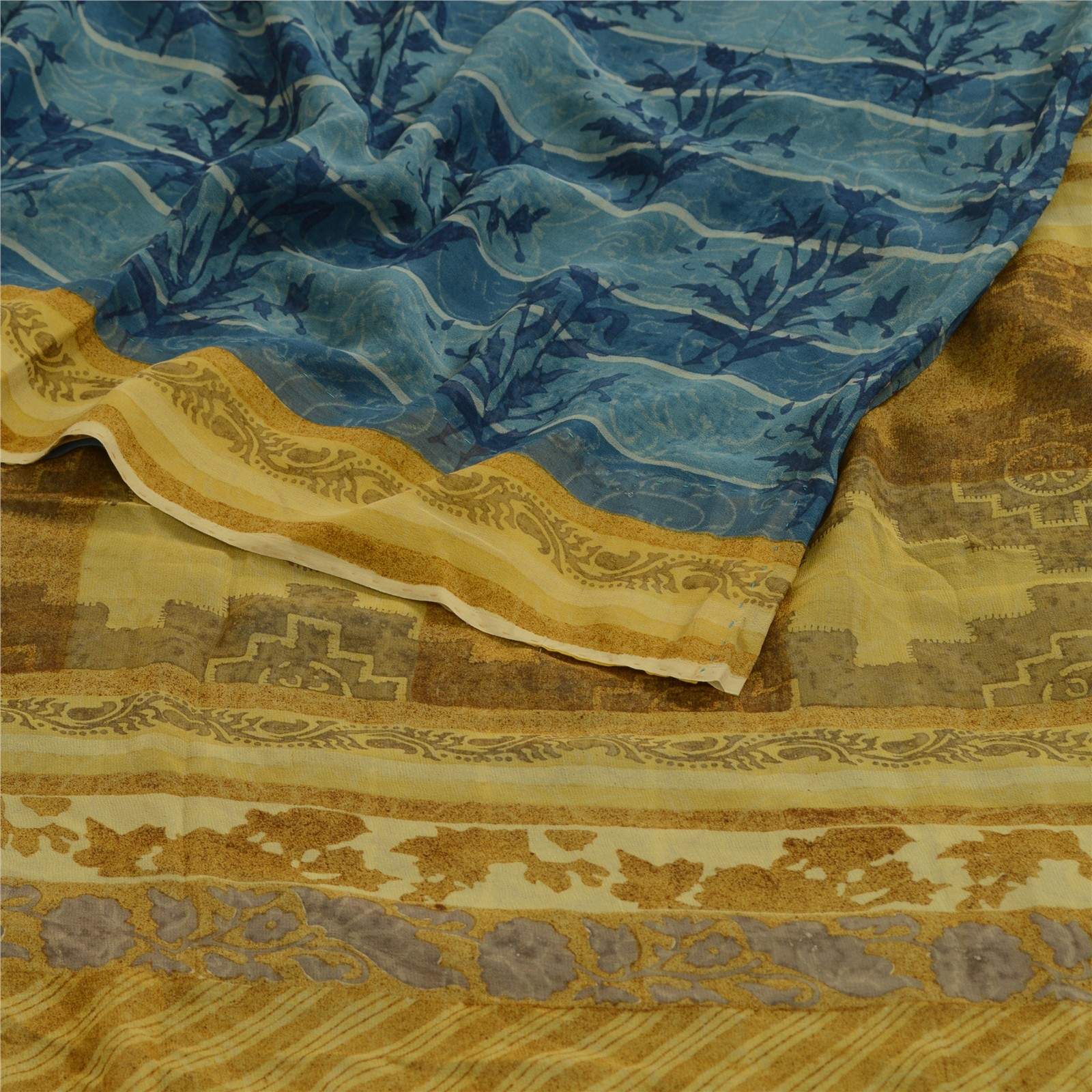 Sanskriti Vintage Sarees Blue/Green Pure Georgette Silk Print Sari Craft Fabric
