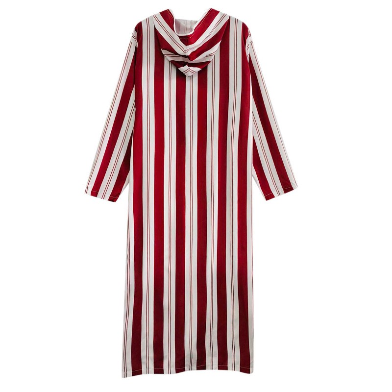Men Black Striped Moroccan Long Sleeve Shirt Hooded Thin Thobe Thoub Abaya Robe