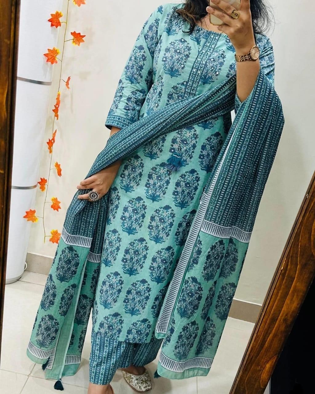 Jaipuri Hand Block Print Kurta with Pant and Dupatta, Cotton Anarkali Style Suit
