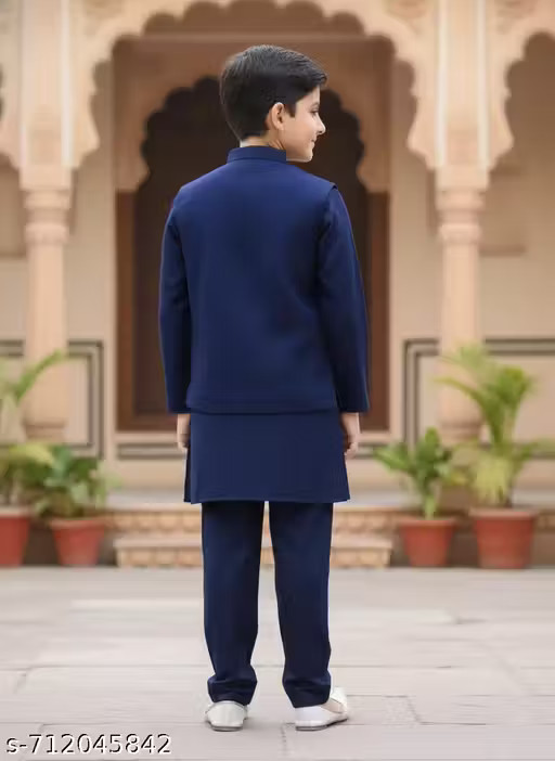 Boys Three-Piece Ethnic Suit: Blue Kurta Pajama with Floral Waistcoat