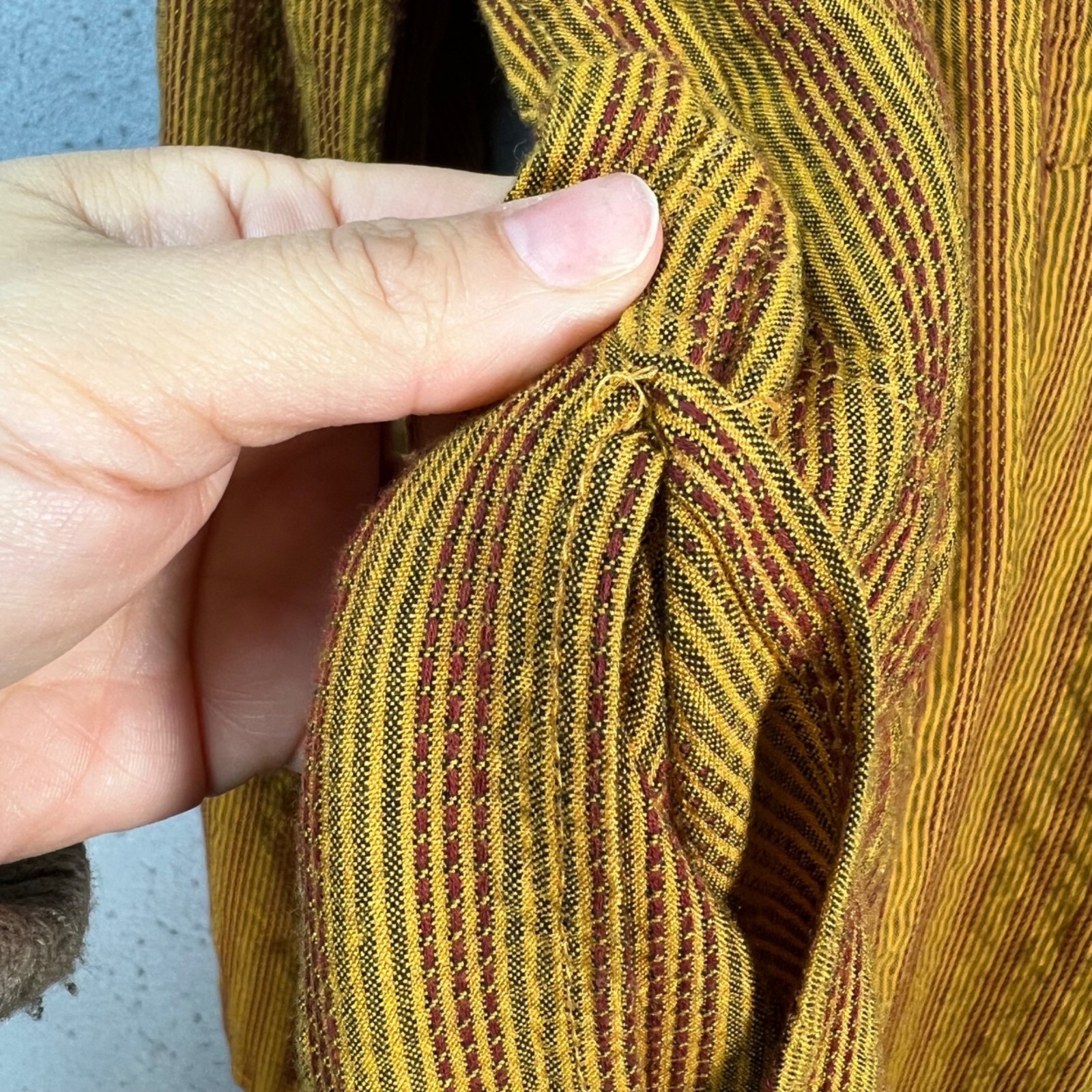 Fabindia Mens Size 44 Long Kurta Yellow Brown Striped Cotton