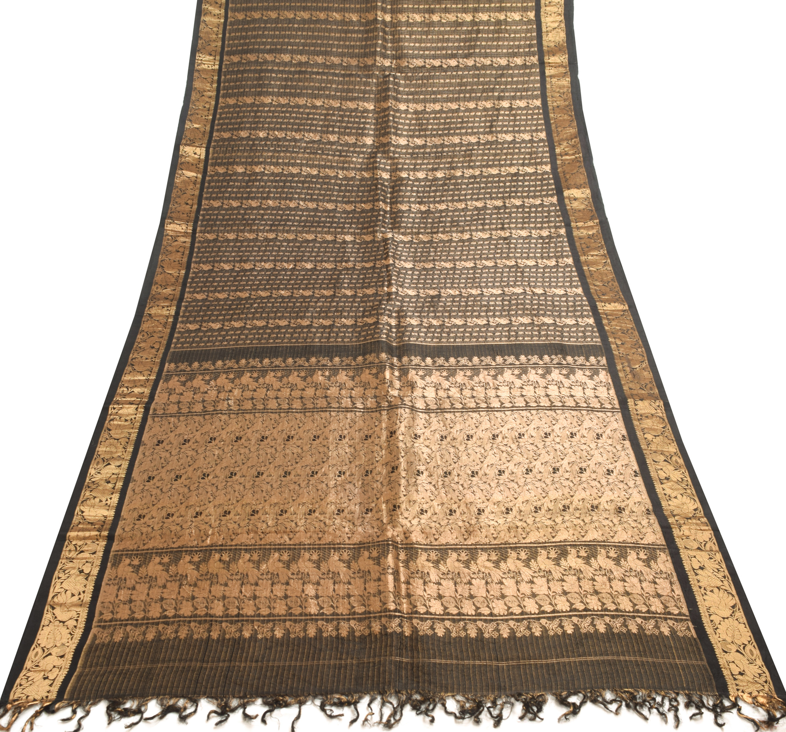 Sushila Vintage Black Premium Saree 100% Pure Silk Zari Brocade Bird Sari Fabric