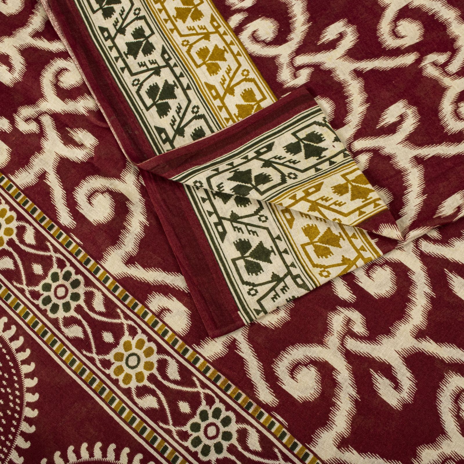 Sanskriti Vintage Saree Red 100% Pure Cotton Ikat-Jamdani Print Sari 5+Yd Fabric