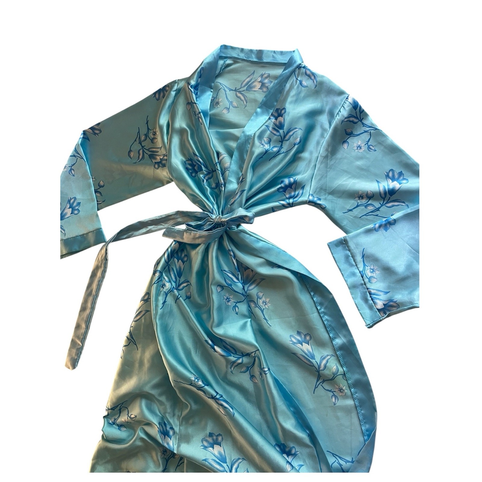 Vintage Y2K Blue Satin Floral Cottagecore Kimono Robe