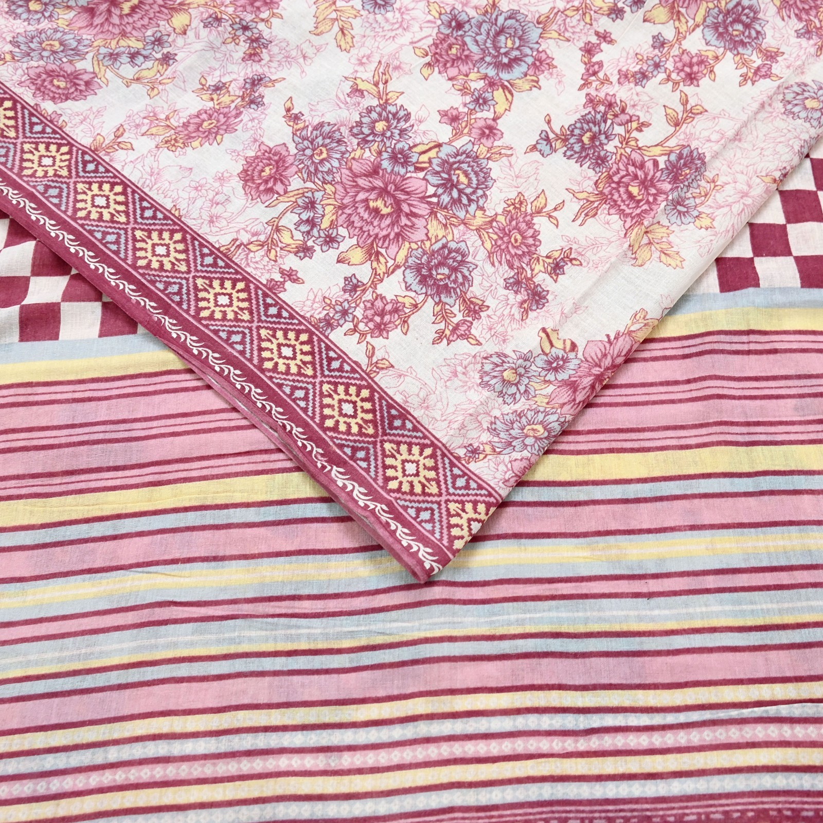Vintage Sari Ivory & Pink Printed Blend Cotton Saree Craft Fabric 5Yd Soft Sewi