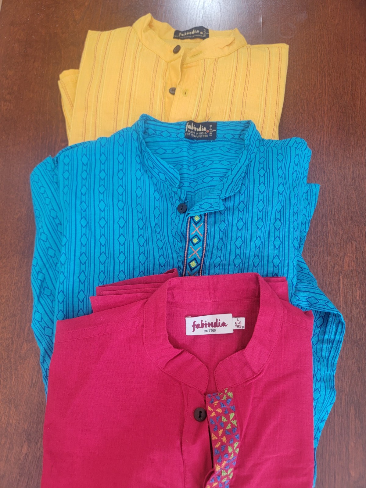 Fabindia Lot (3) Boys 6-8 Kurta Traditional Red Blue Yellow Tops Shirts *Flaw